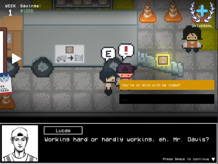 Team cameos - Lucas as a warehouse worker with corny lines.